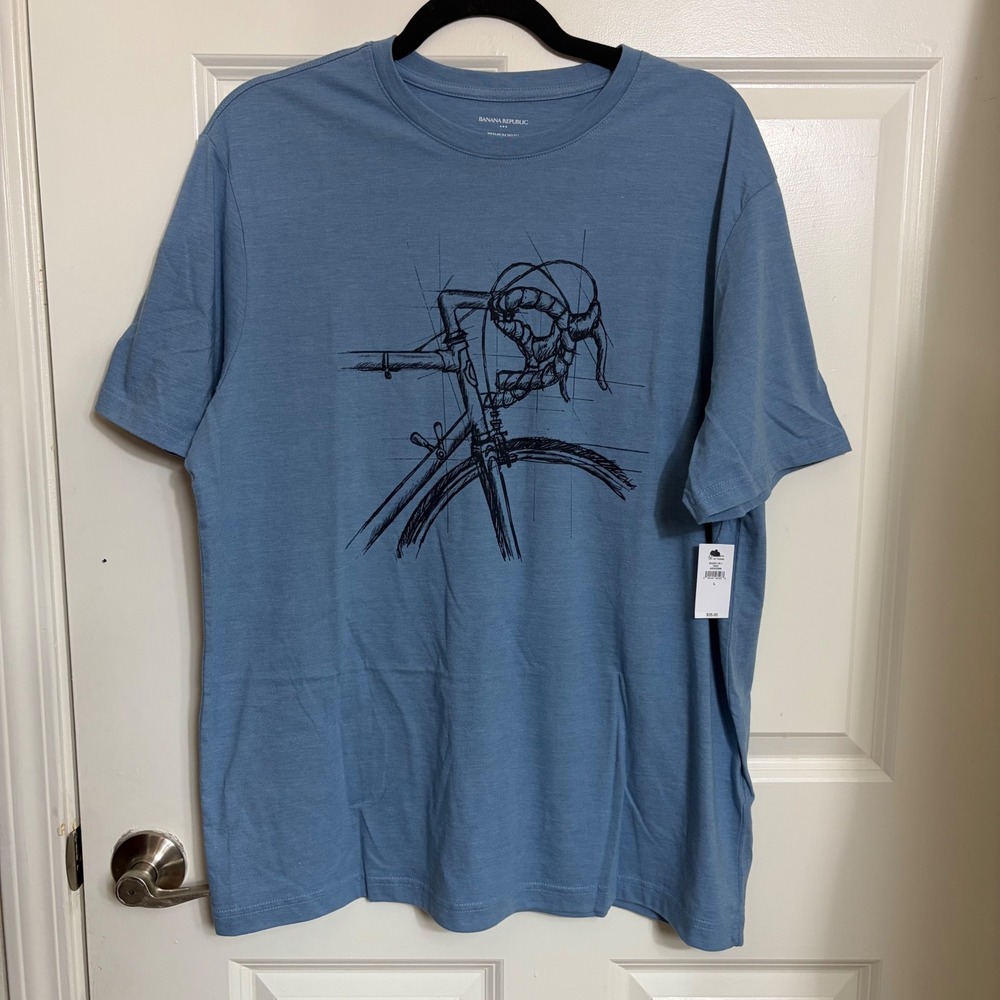 Banana Republic Mens Road Bike Sketch Graphic T-Shirt Blue Premium Wash L NEW